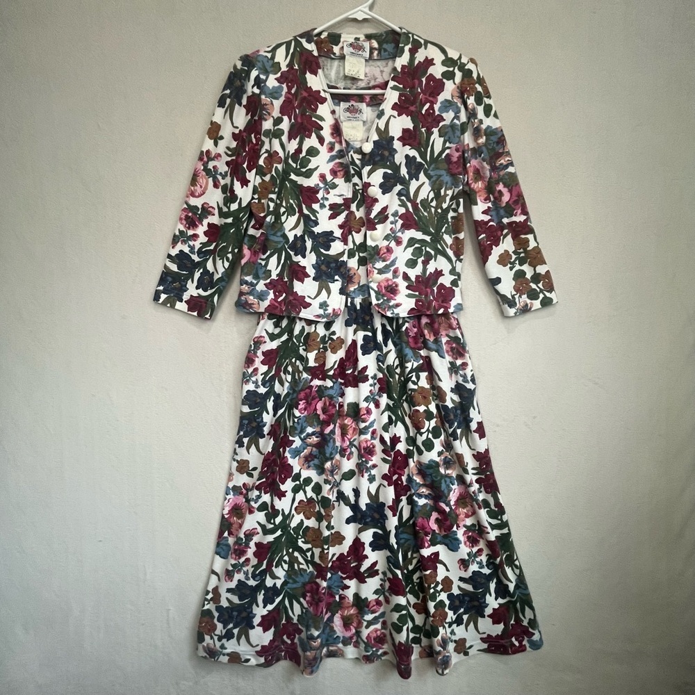 Vintage Lanz 2 Piece Floral Dress Cardigan Topper Sz 11 Made in USA Cottagecore